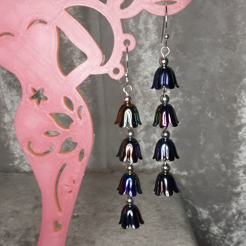Handmade Bell Earrings Black Oilslick Finish